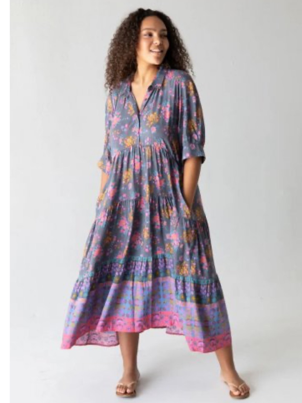 Natural Life Rebecca Tiered Boho Mixed Floral Print Short Sleeve Maxi Dress• XL - Picture 2 of 10